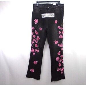 Manfinity Cherry Blossom Embroidered Stacked Jeans Womens Black Denim Size 28
